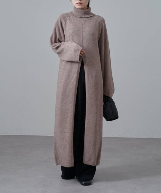 高領前開叉長款連衣裙