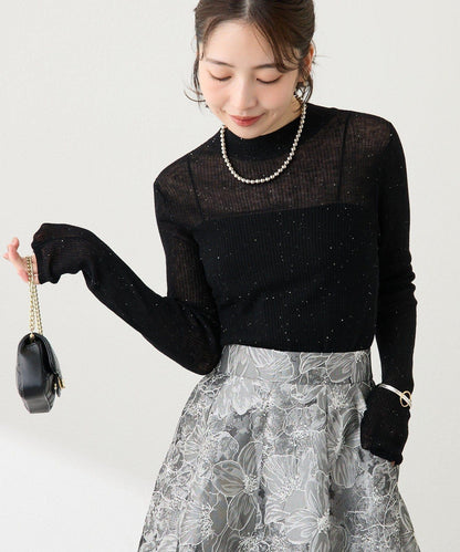 透視亮片高領羅紋針織衫