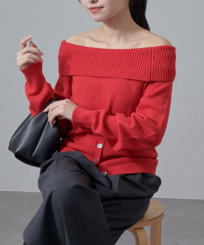 一字肩下襬設計針織套頭衫