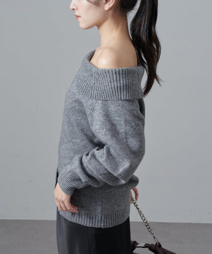 一字肩下襬設計針織套頭衫