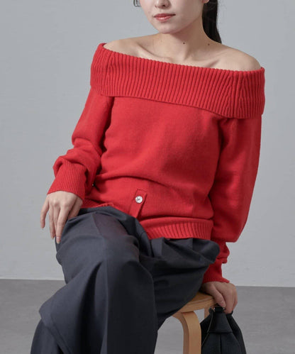 一字肩下襬設計針織套頭衫