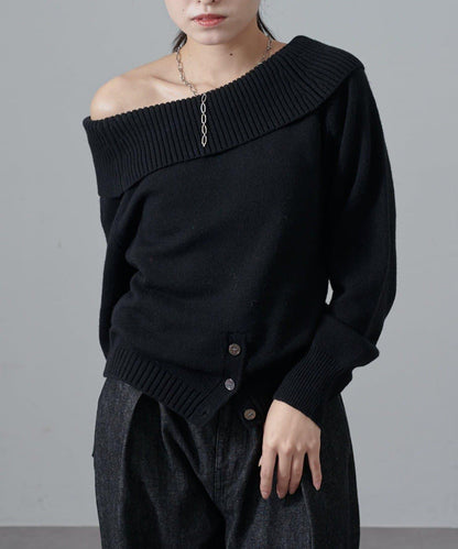 一字肩下襬設計針織套頭衫