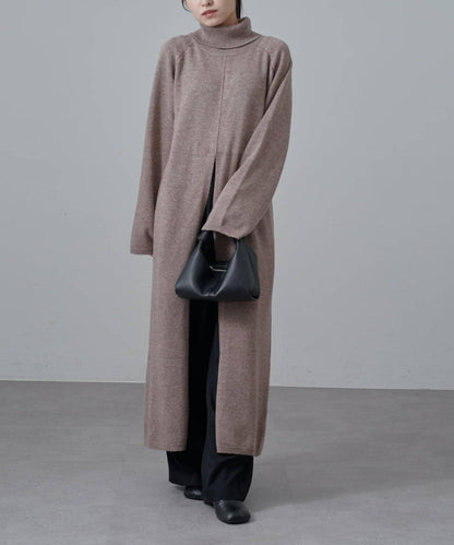 高領前開叉長款連衣裙