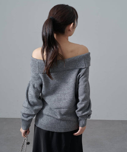 一字肩下襬設計針織套頭衫