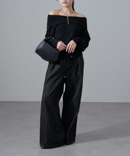 一字肩下襬設計針織套頭衫