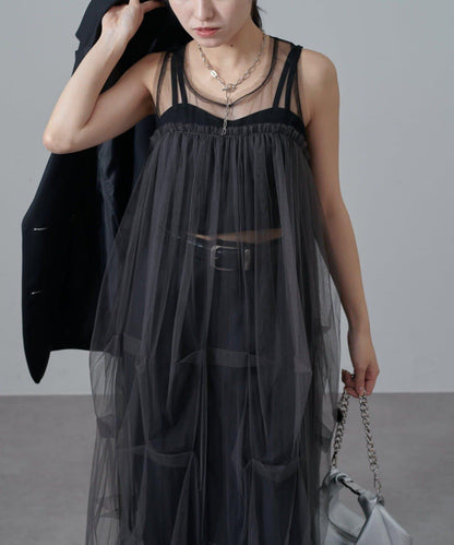 軟紗泡泡袖連衣裙