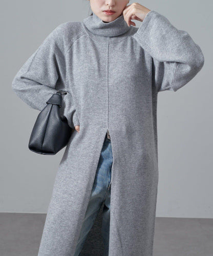 高領前開叉長款連衣裙