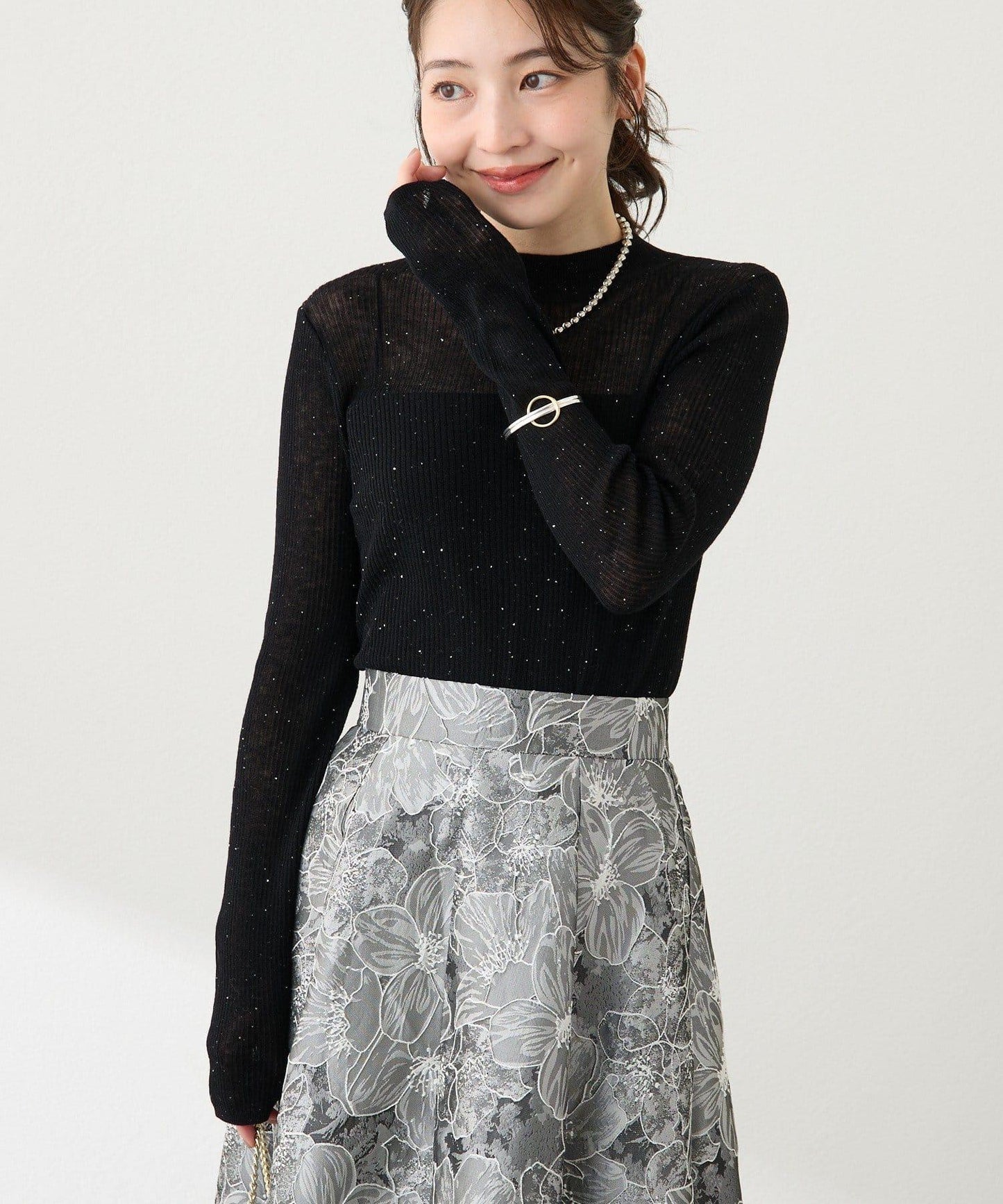 透視亮片高領羅紋針織衫