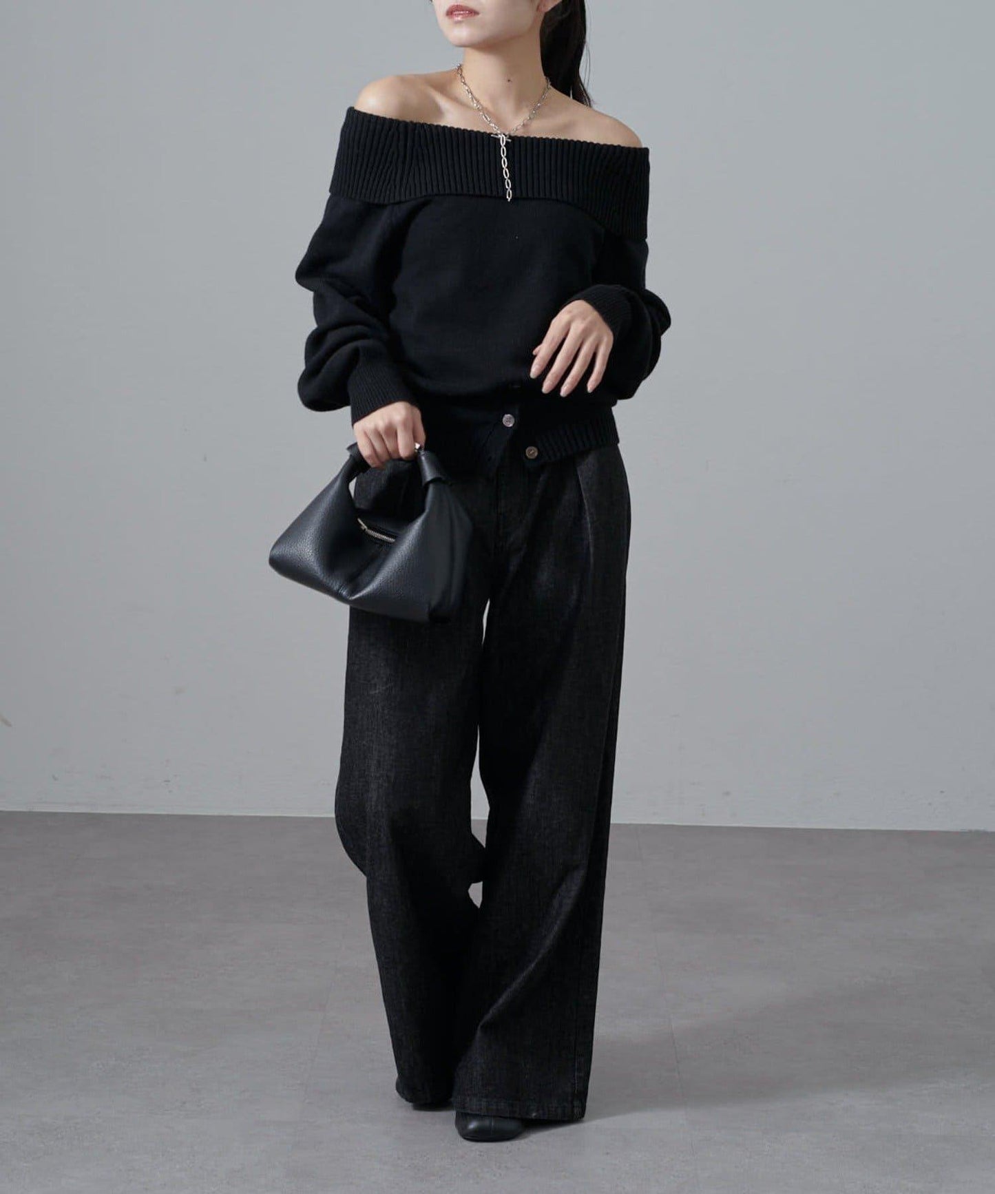 一字肩下襬設計針織套頭衫