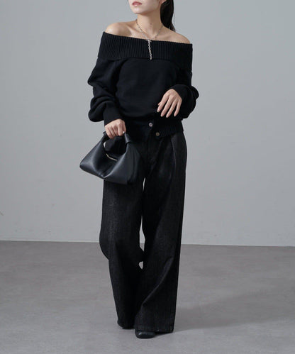 一字肩下襬設計針織套頭衫