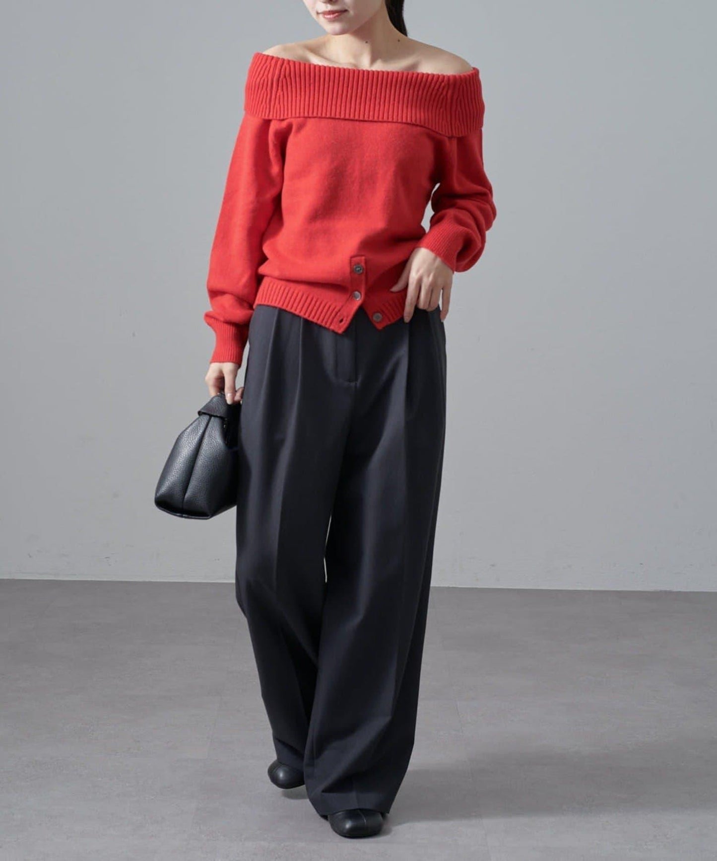 一字肩下襬設計針織套頭衫