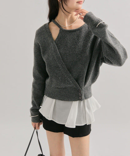 荷葉邊拼接針織衫