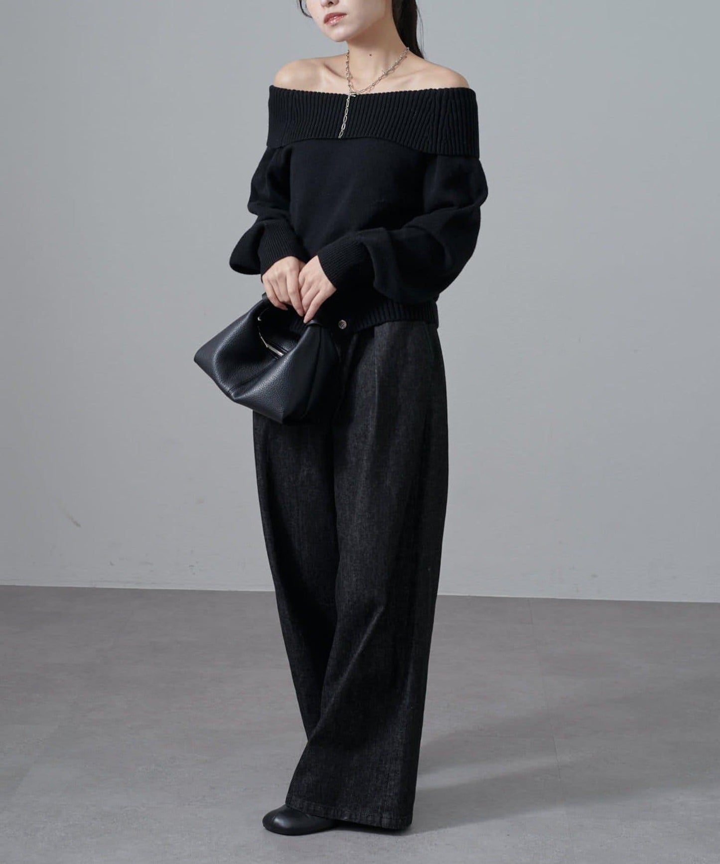 一字肩下襬設計針織套頭衫