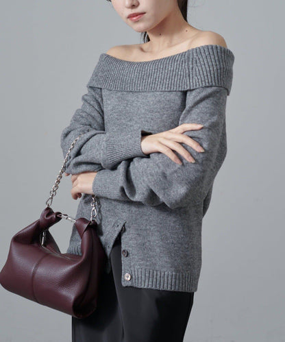 一字肩下襬設計針織套頭衫