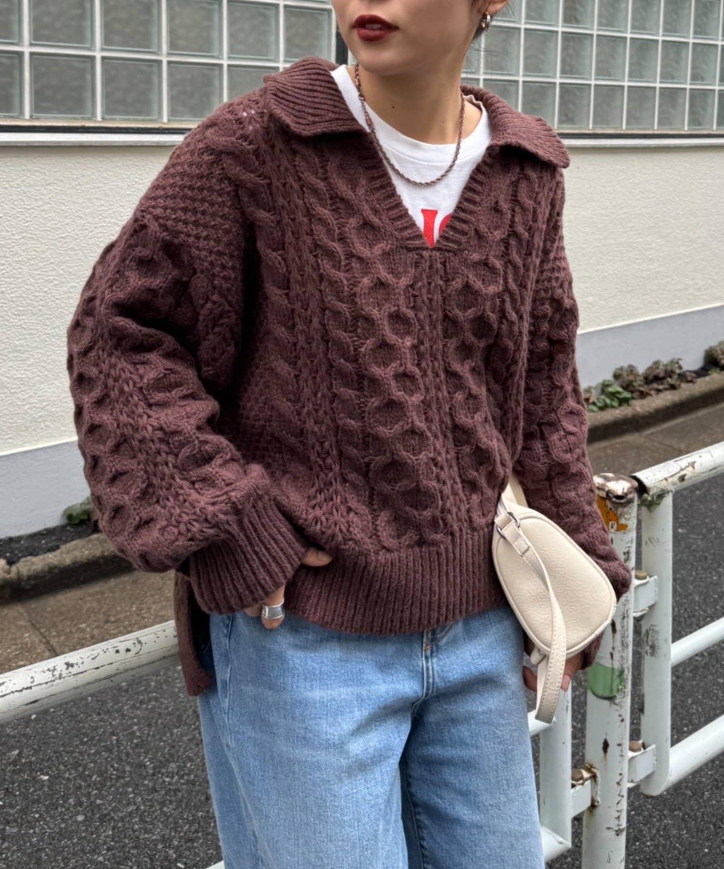 翻領針織麻花毛衣