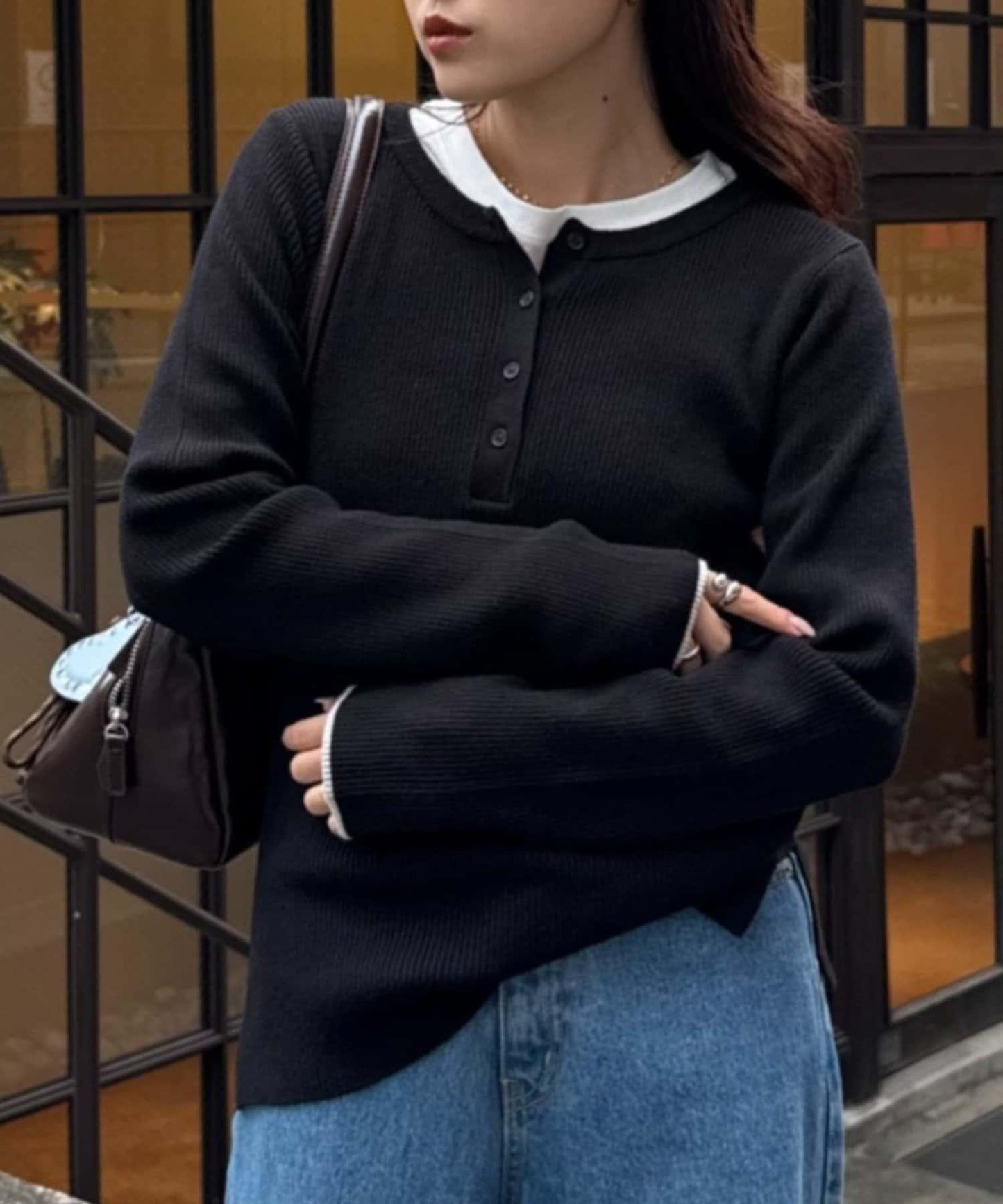 亨利領拼色防起球針織衫