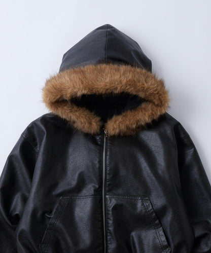 復古風格皮革毛絨連帽夾克