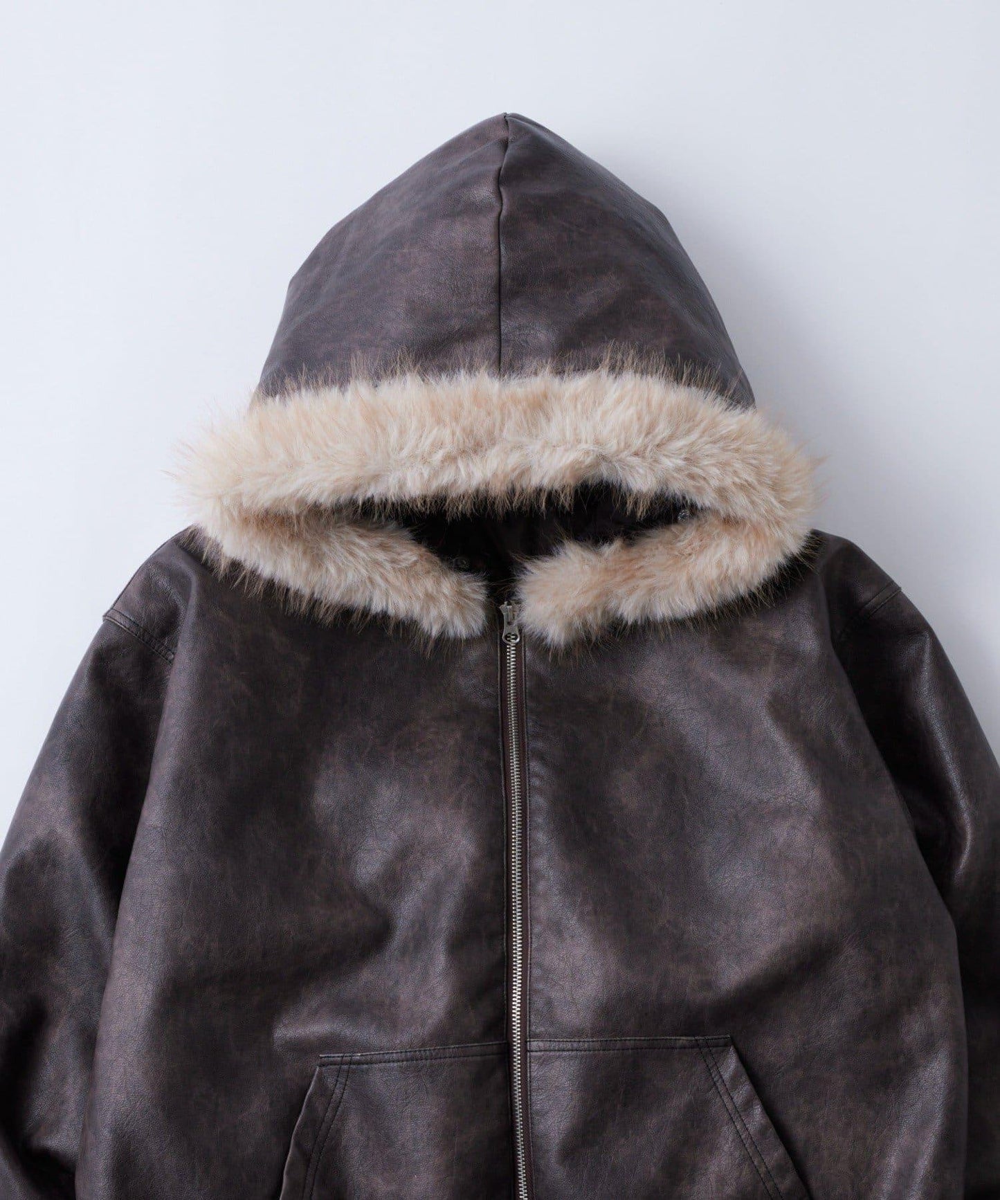 復古風格皮革毛絨連帽夾克