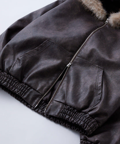 復古風格皮革毛絨連帽夾克
