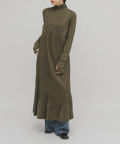 桃皮縐褶連衣裙