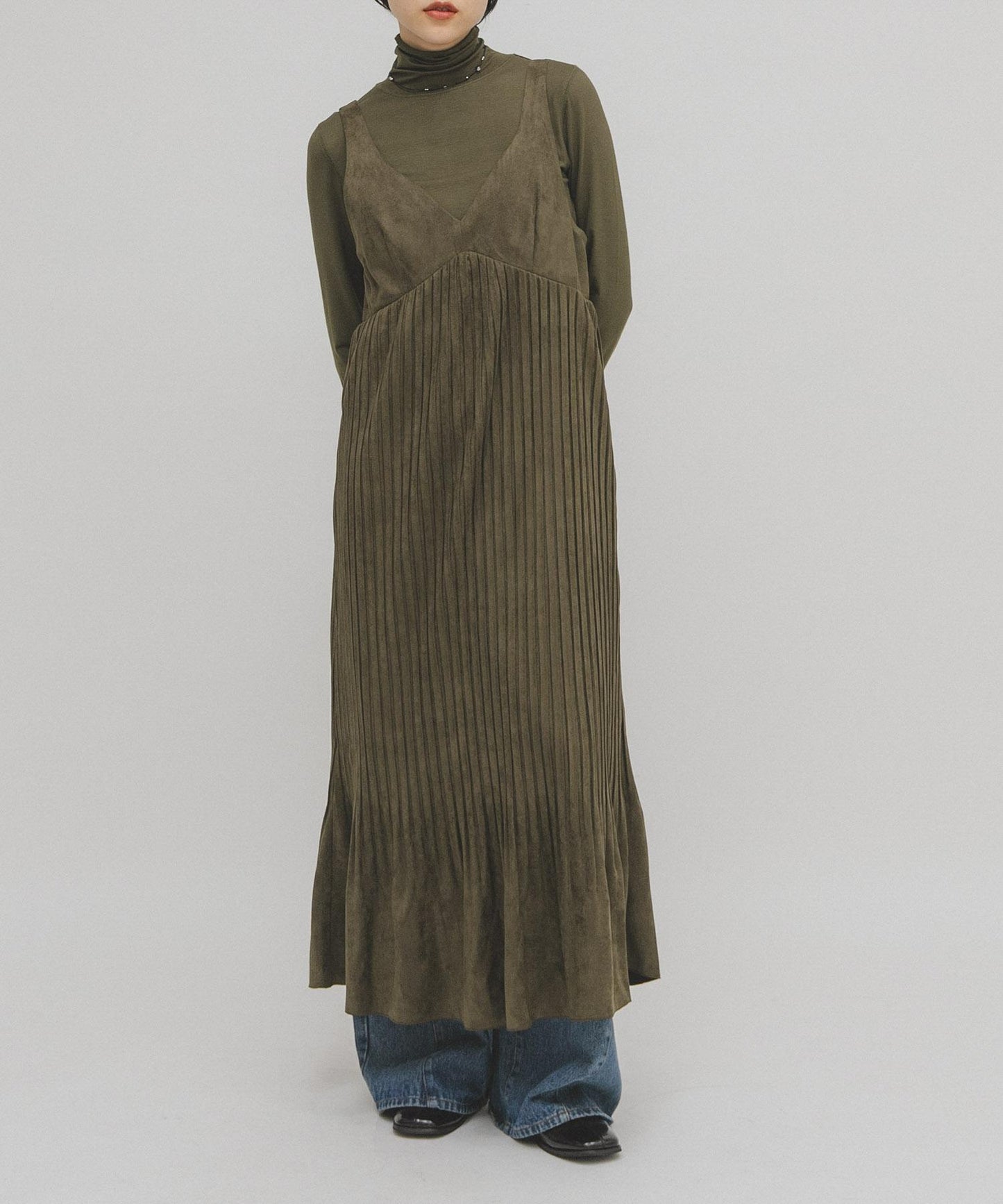 桃皮縐褶連衣裙