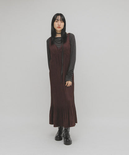 桃皮縐褶連衣裙