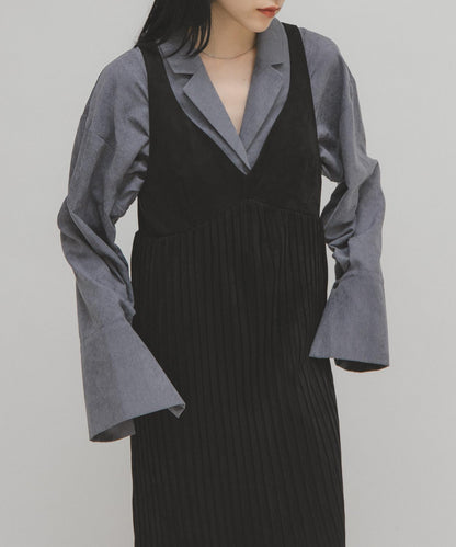 桃皮縐褶連衣裙