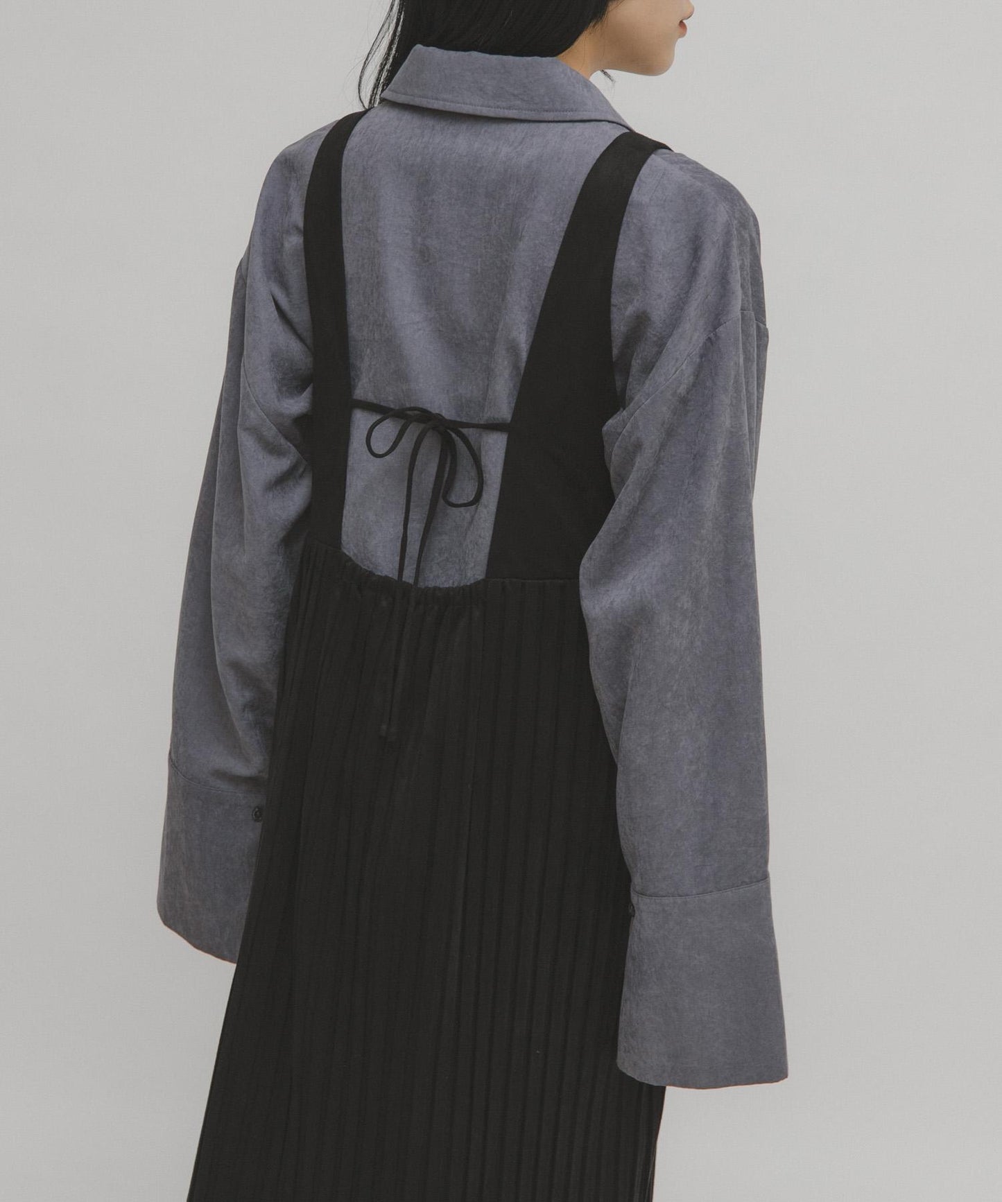 桃皮縐褶連衣裙