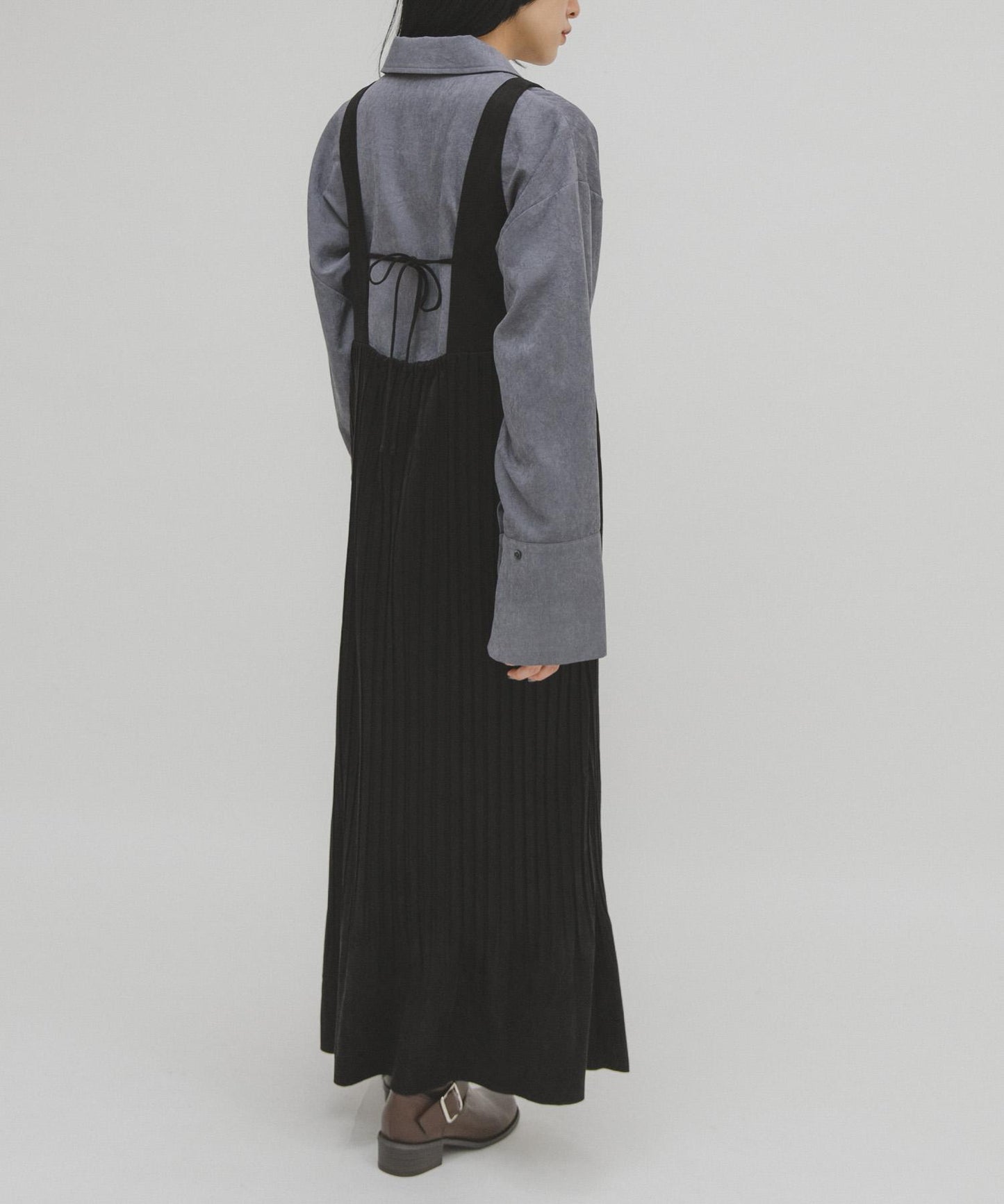 桃皮縐褶連衣裙