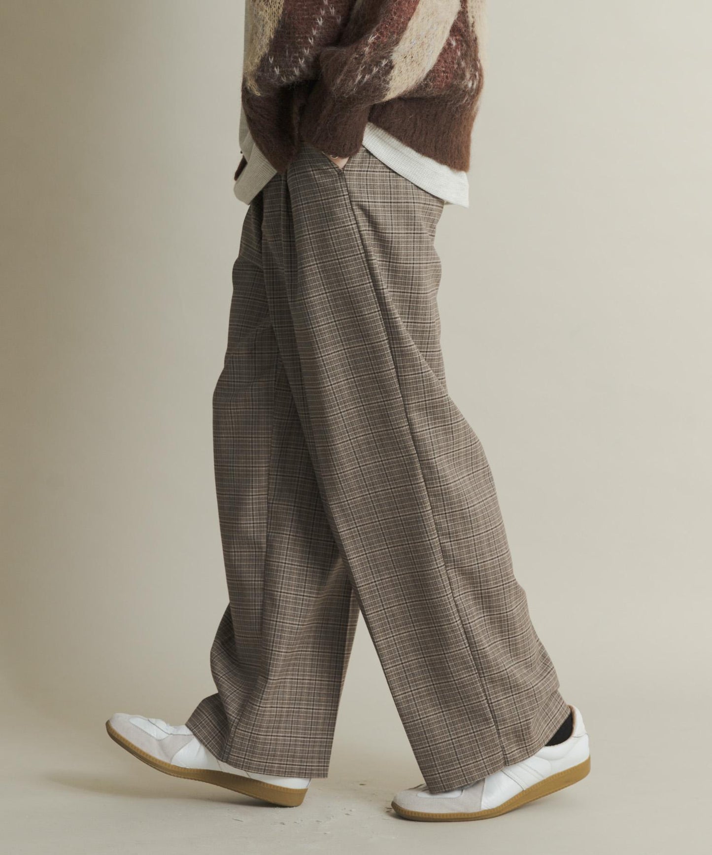 格紋高腰寬鬆西裝褲