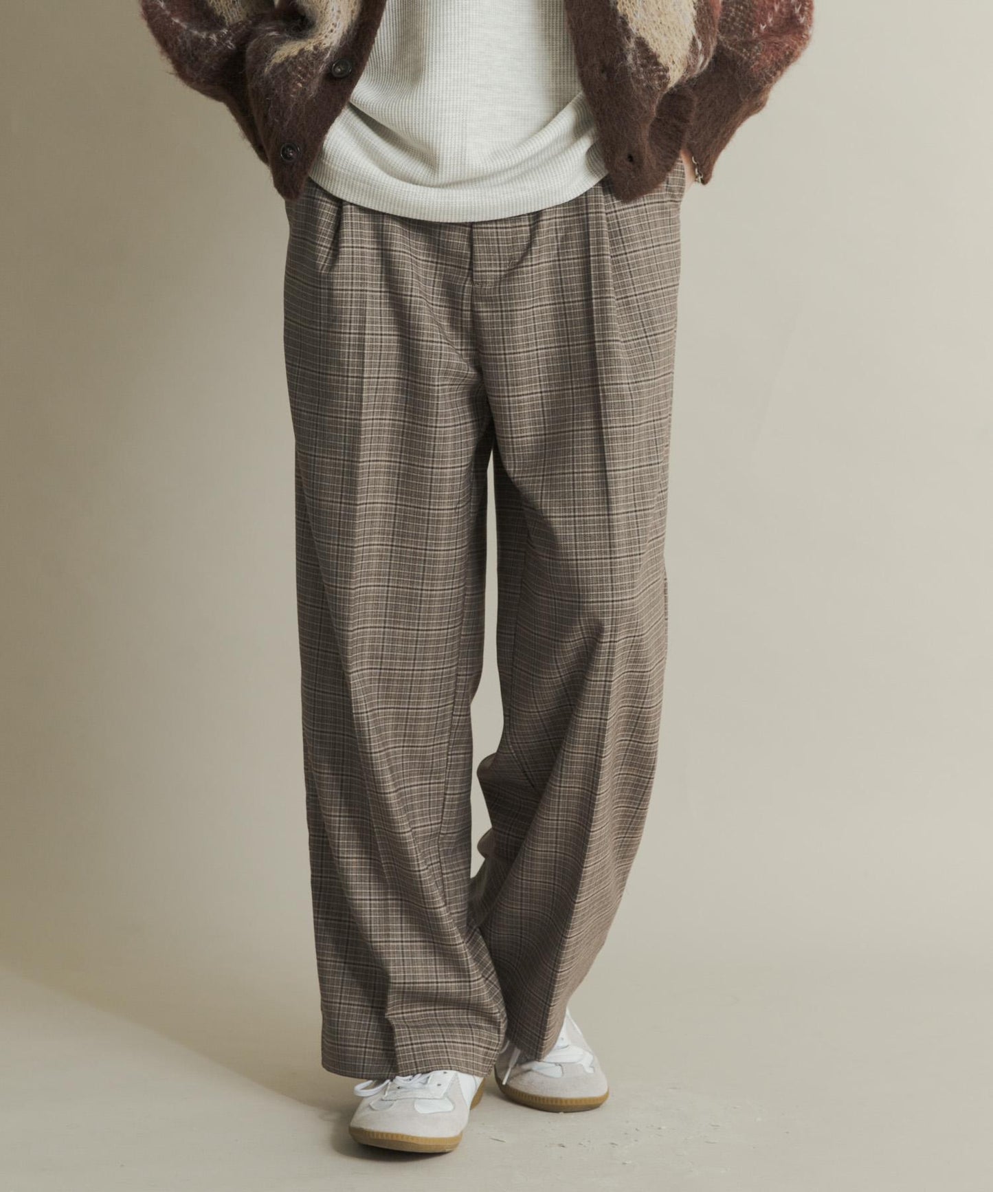 格紋高腰寬鬆西裝褲