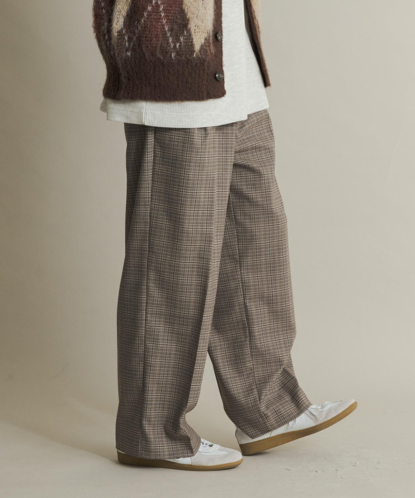 格紋高腰寬鬆西裝褲