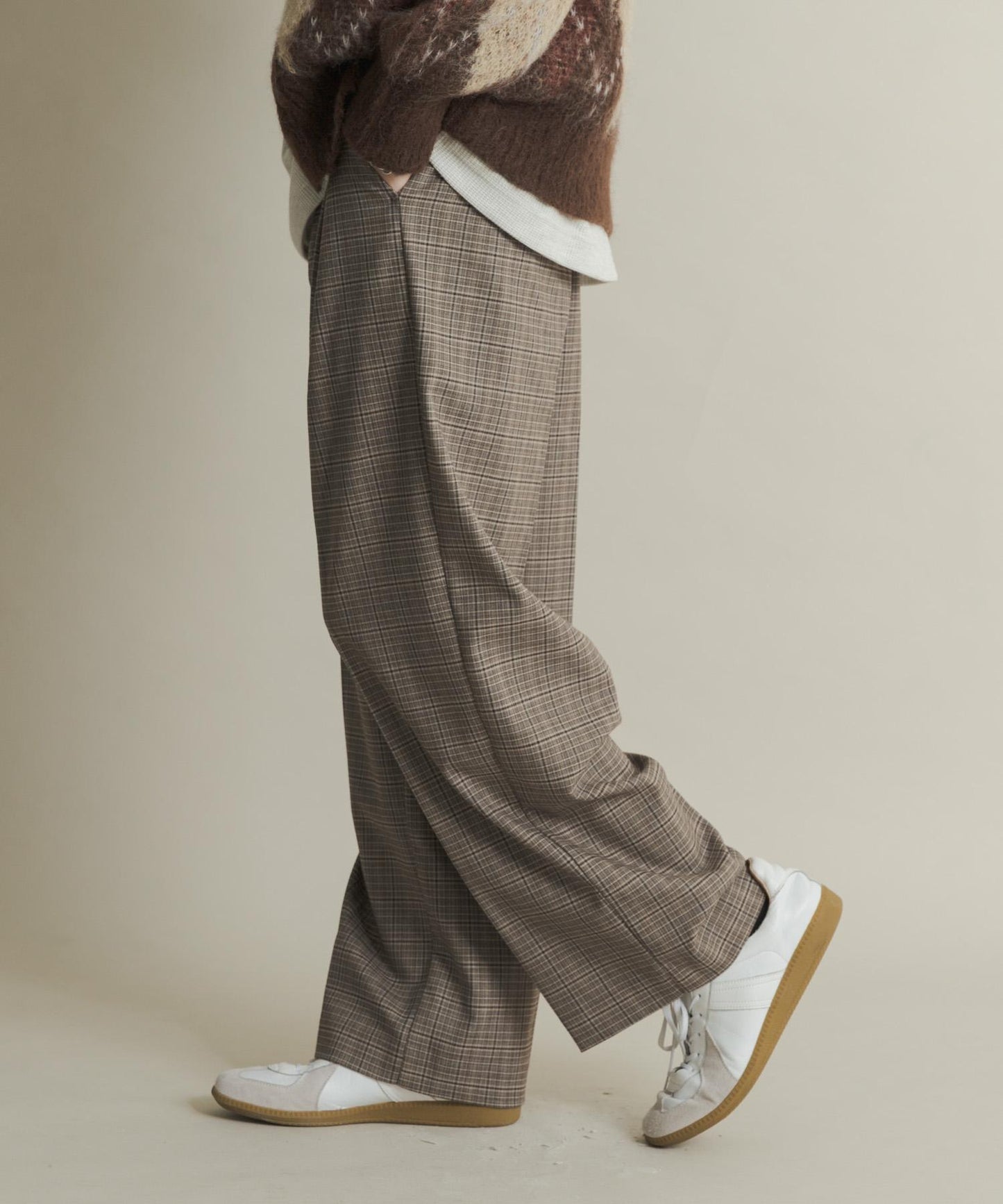 格紋高腰寬鬆西裝褲