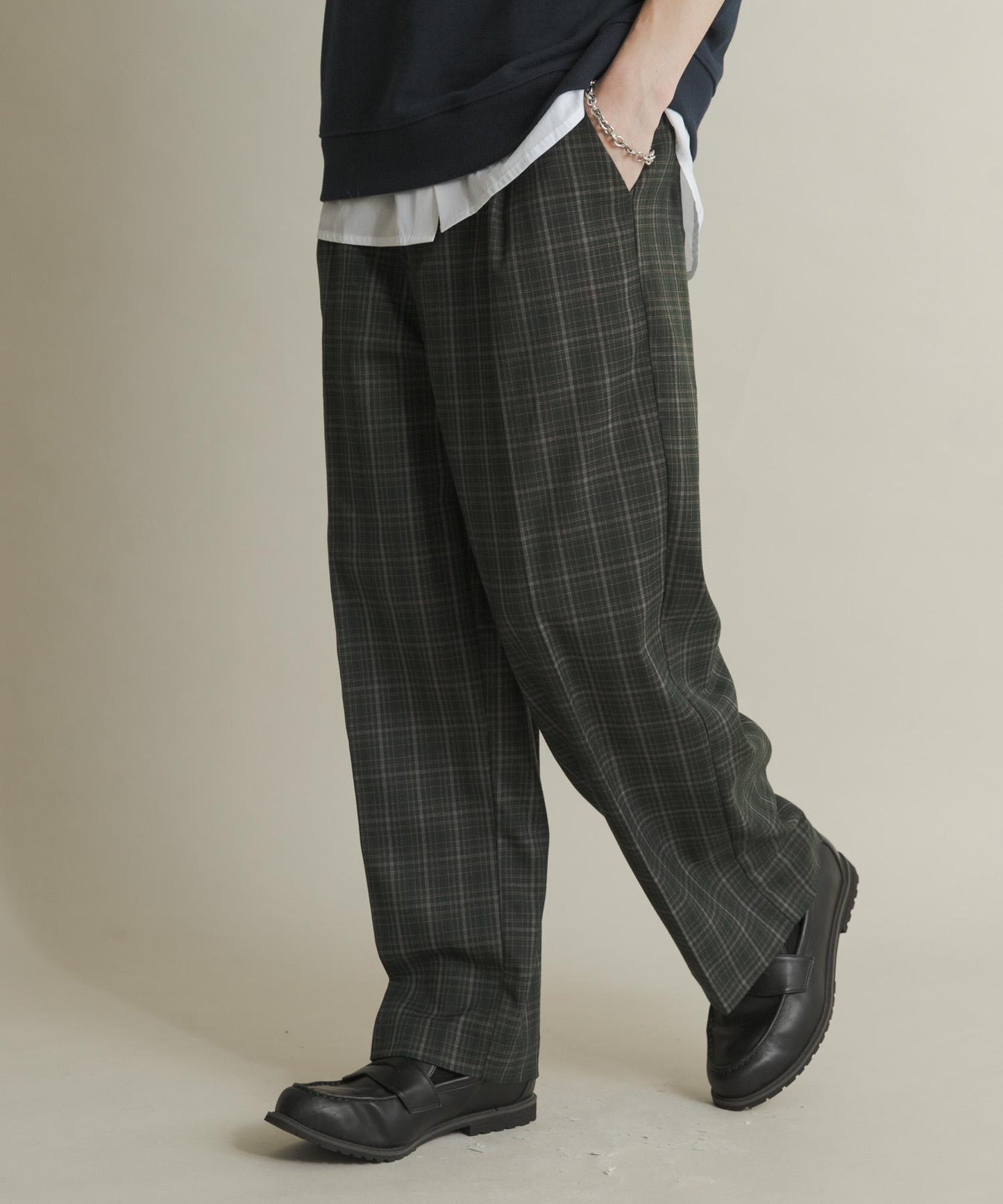 格紋高腰寬鬆西裝褲