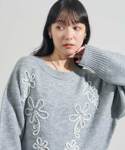 拼色 線繡花紋 針織套頭衫