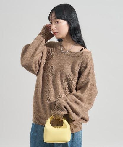 拼色 線繡花紋 針織套頭衫