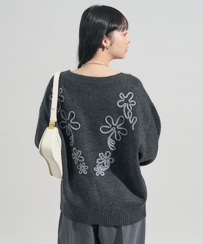 拼色 線繡花紋 針織套頭衫