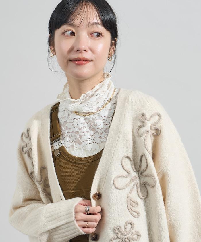 拼色 線繡花卉圖案針織開衫