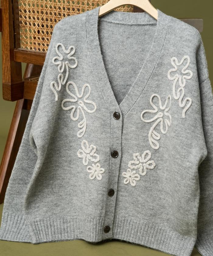 拼色 線繡花卉圖案針織開衫