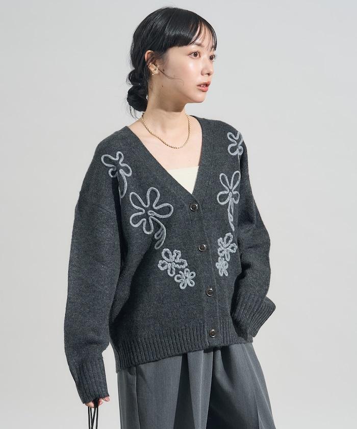 拼色 線繡花卉圖案針織開衫