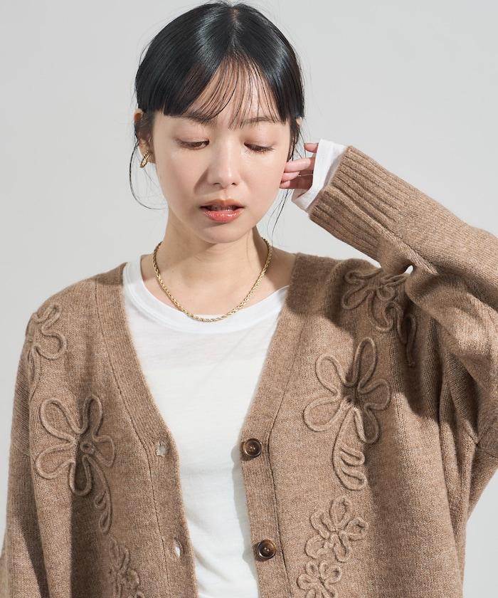 拼色 線繡花卉圖案針織開衫