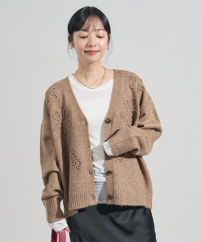 拼色 線繡花卉圖案針織開衫