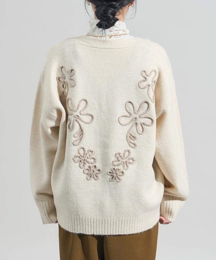 拼色 線繡花卉圖案針織開衫