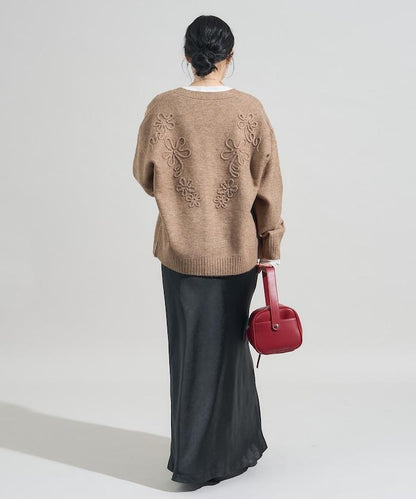 拼色 線繡花卉圖案針織開衫