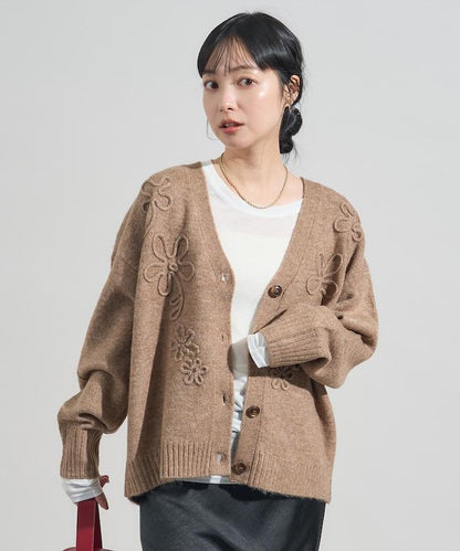 拼色 線繡花卉圖案針織開衫