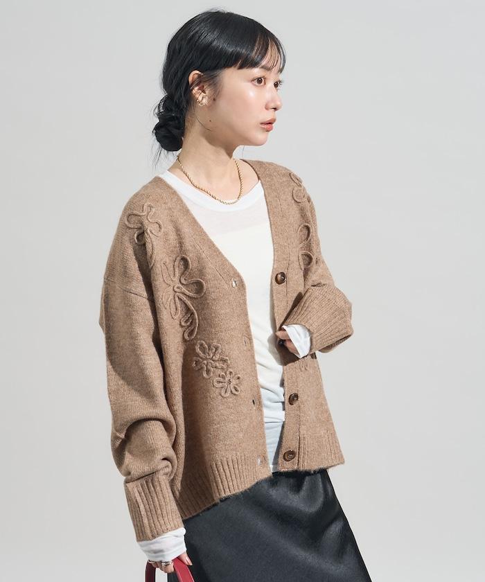 拼色 線繡花卉圖案針織開衫