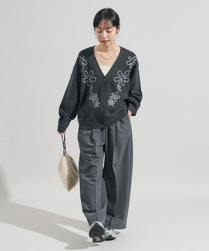 拼色 線繡花卉圖案針織開衫