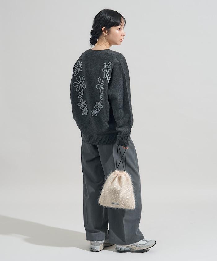 拼色 線繡花卉圖案針織開衫