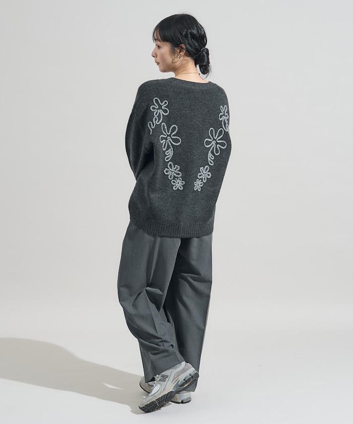 拼色 線繡花卉圖案針織開衫