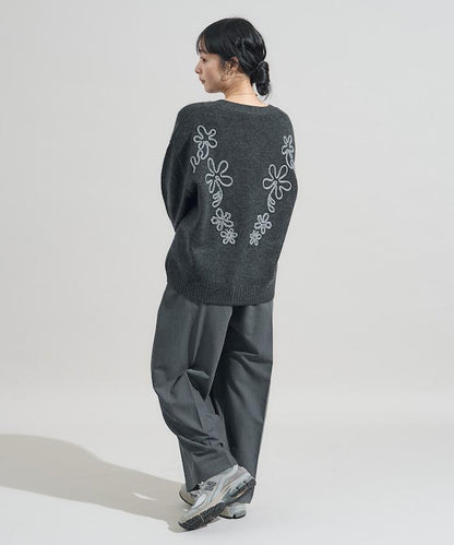 拼色 線繡花卉圖案針織開衫